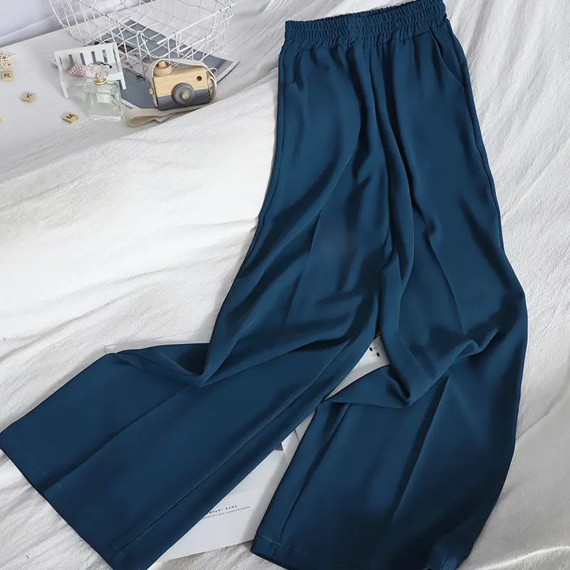Summer Solid Color High Street Elastic Waist Wide Leg Trousers Women Fashion Casual Loose Pocket Ventilate Youth All-match Pants