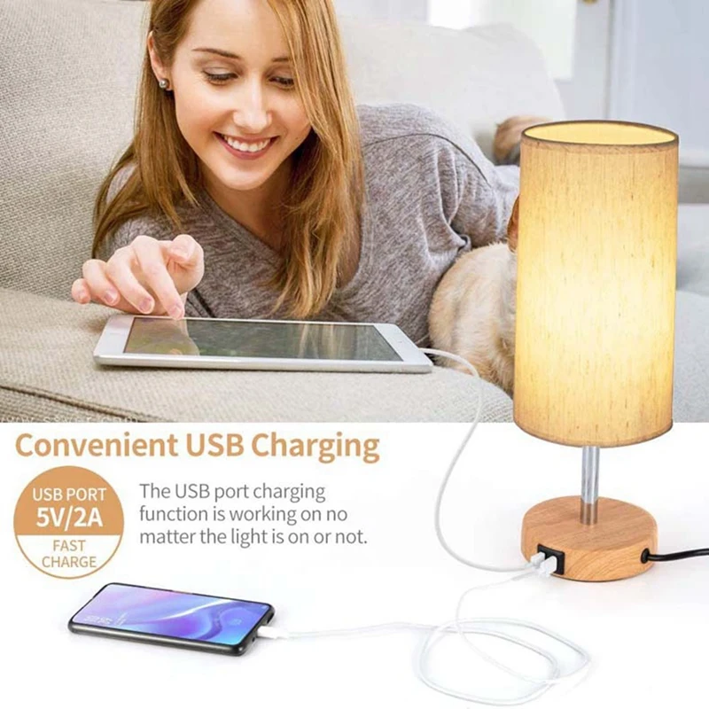 

Beside Table Lamp For Bedroom Nightstand - 3 Way Dimmable Touch Lamp USB C Charging Ports And AC Outlet