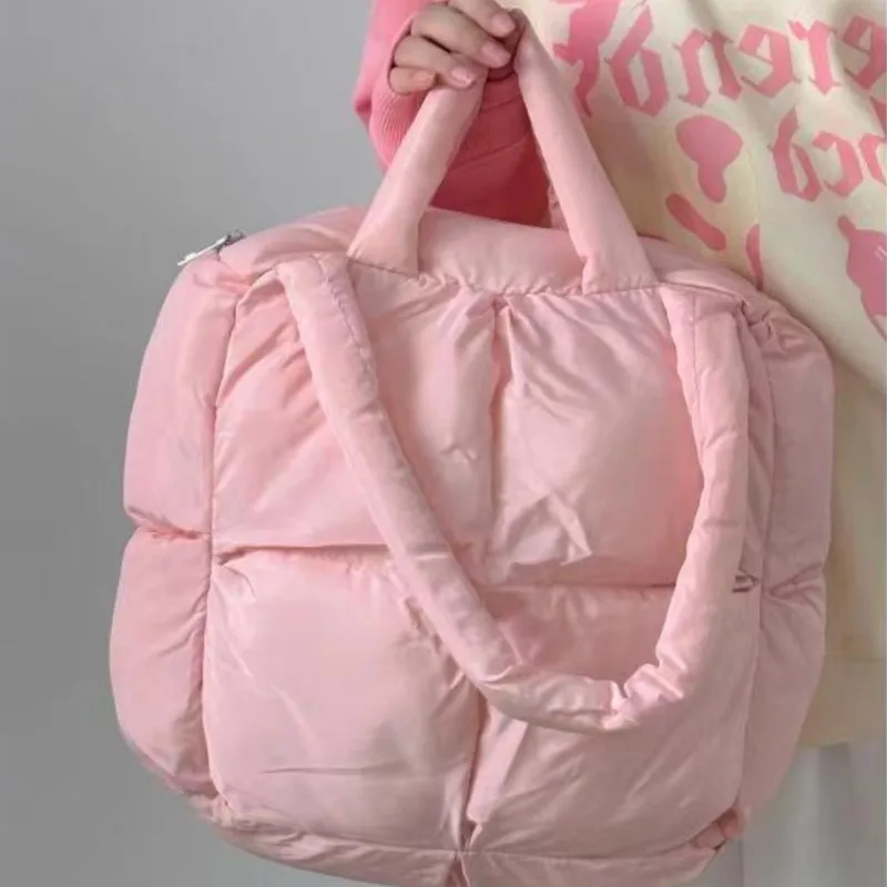 JIAERDI Sweet Cute Pink Tote Bag Women Puffed Checkerboard Soft Shoulder Bags Ladies Square Large Capacity Pillow Underarm Bag