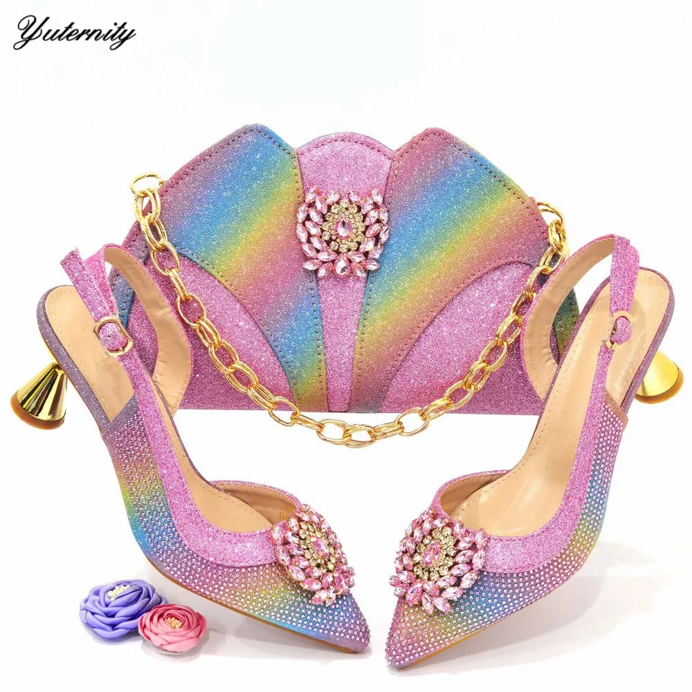 

New Fashion Rhinestone Woman Middle Heels Shoes And Bag Set New Italian Style Ladies Pumps Shoes And Bag Set For Party