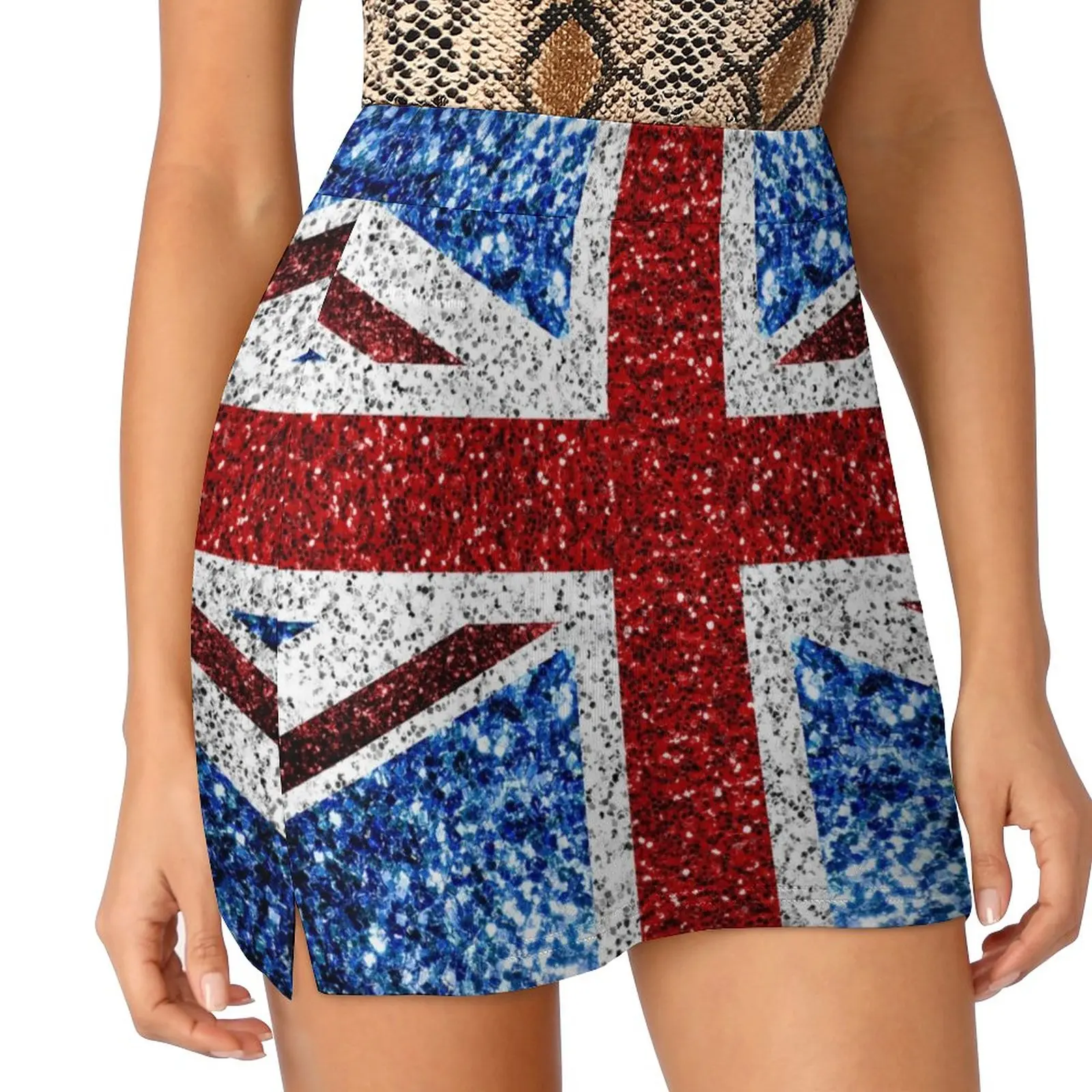 

UK flag red blue white faux sparkles glitters Light Proof Trouser Skirt womens clothing festival outfit women