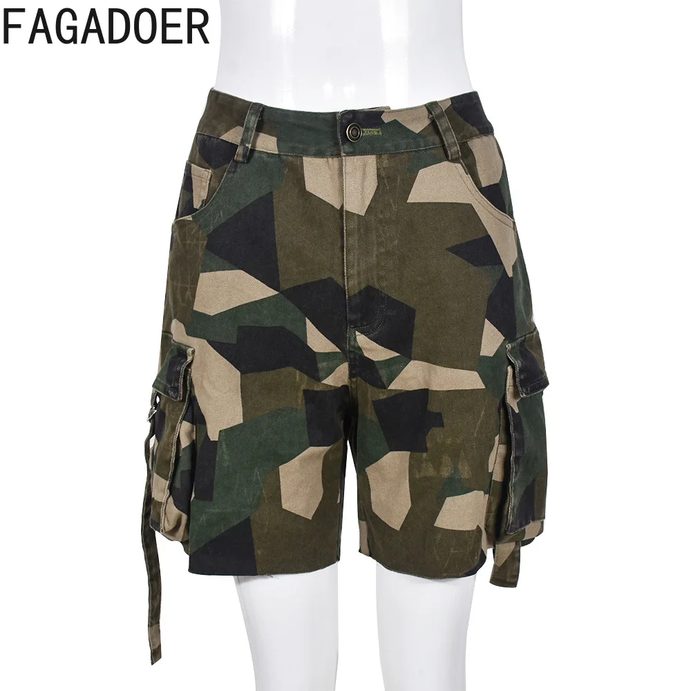FAGADOER Casual Camouflage Print Sporty Shorts Women High Waist Button Pocket Shorts Casual Female Matching Streetwear Bottoms