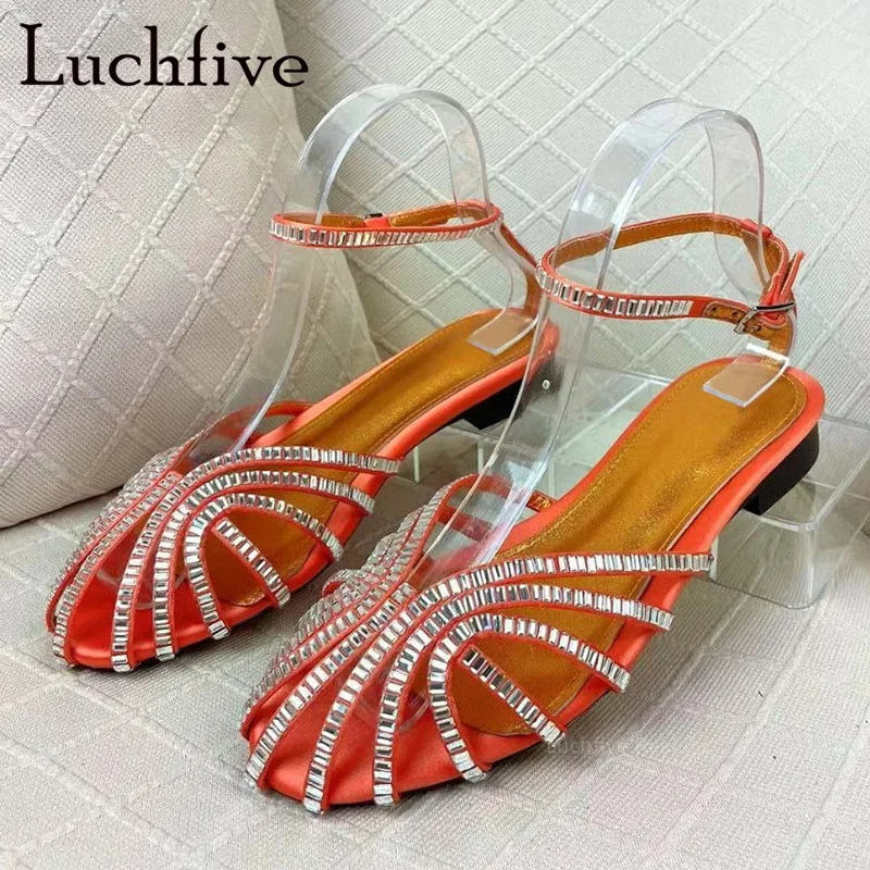 

2023 High Quality Brand Summer Satin Crystal Sandals Flats Shoes Round Toe Buckle Strap Mules Casual Outwear Ladies Shoes Mujer
