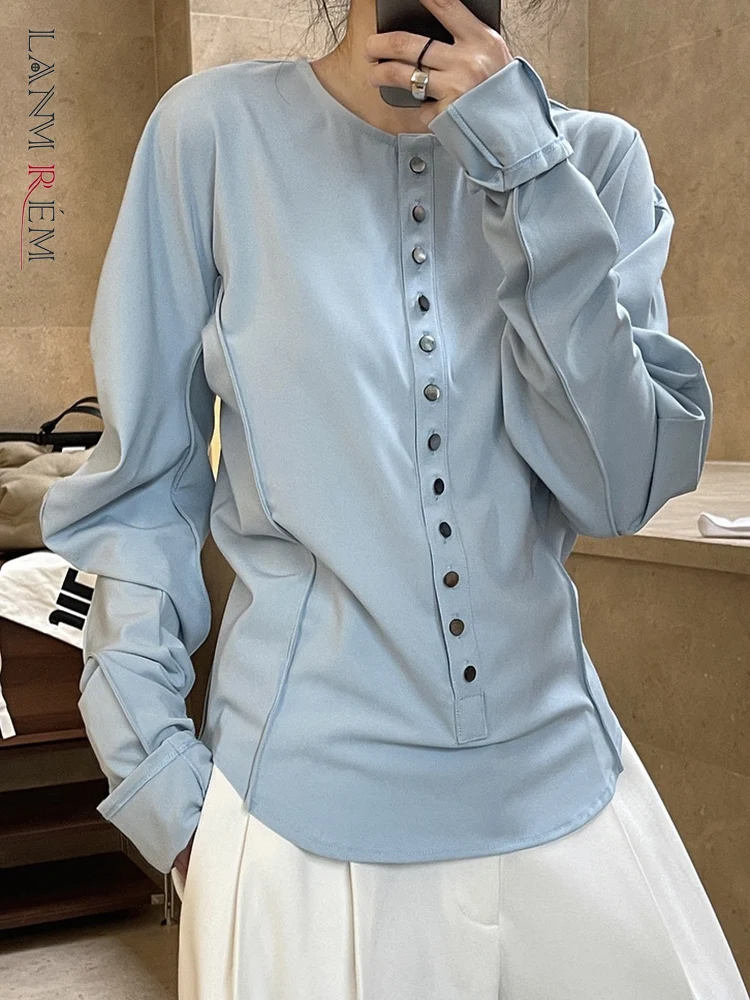 

[LANMREM] French Style Round Neck Shirts For Women Single Breasted Long Sleeve Female Blouses Fashion 2023 Autumn New Tops 26D45