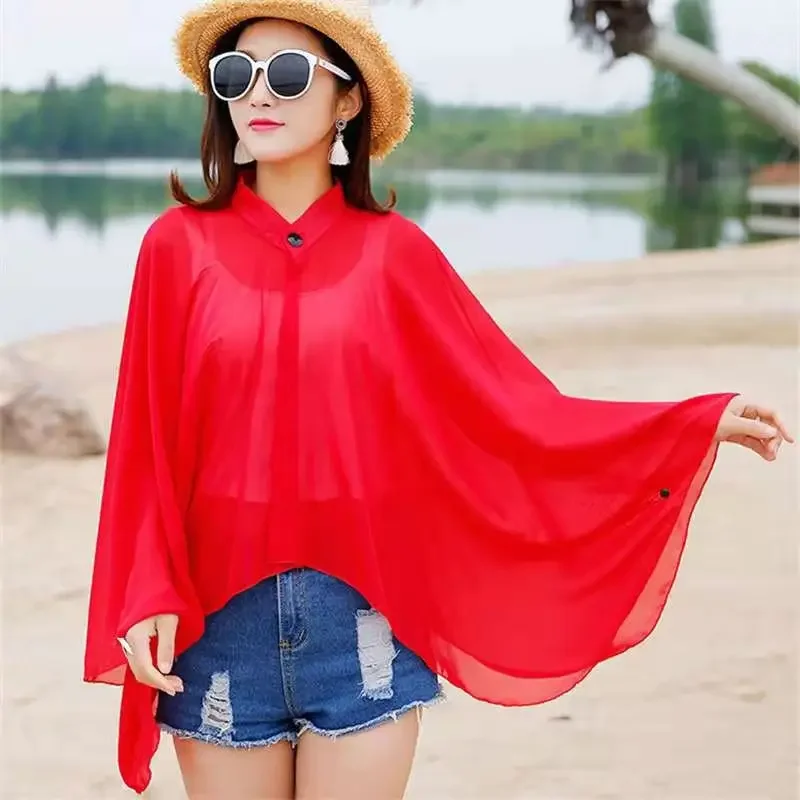 

Женская шифоновая накидка с защитой от УФ-лучей, Солнцезащитный корейский накидка-пончо для езды на велосипеде и вождения, оранжевая шаль, лето 2023