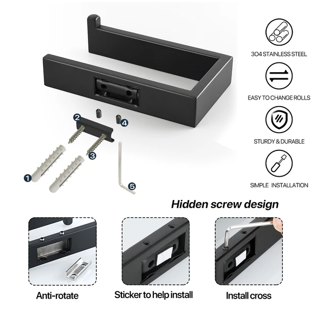 สแตนเลสสุขาม้วนผู้ถือ Wall Mount กระดาษทิชชูห้องน้ําผู้ถือ Self Adhesive Matte สีดํากระดาษทิชชูอุปกรณ์เสริม 2