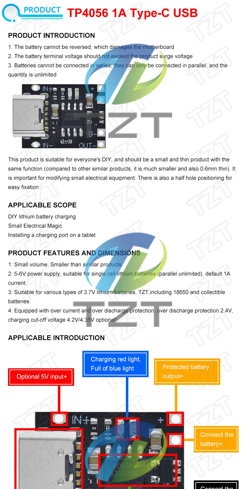 Typ-C USB TP4056 1a Lithium-Batterie Lades chutz platine Modul Polymer batterie mit Temperatur schutz – Detail 3