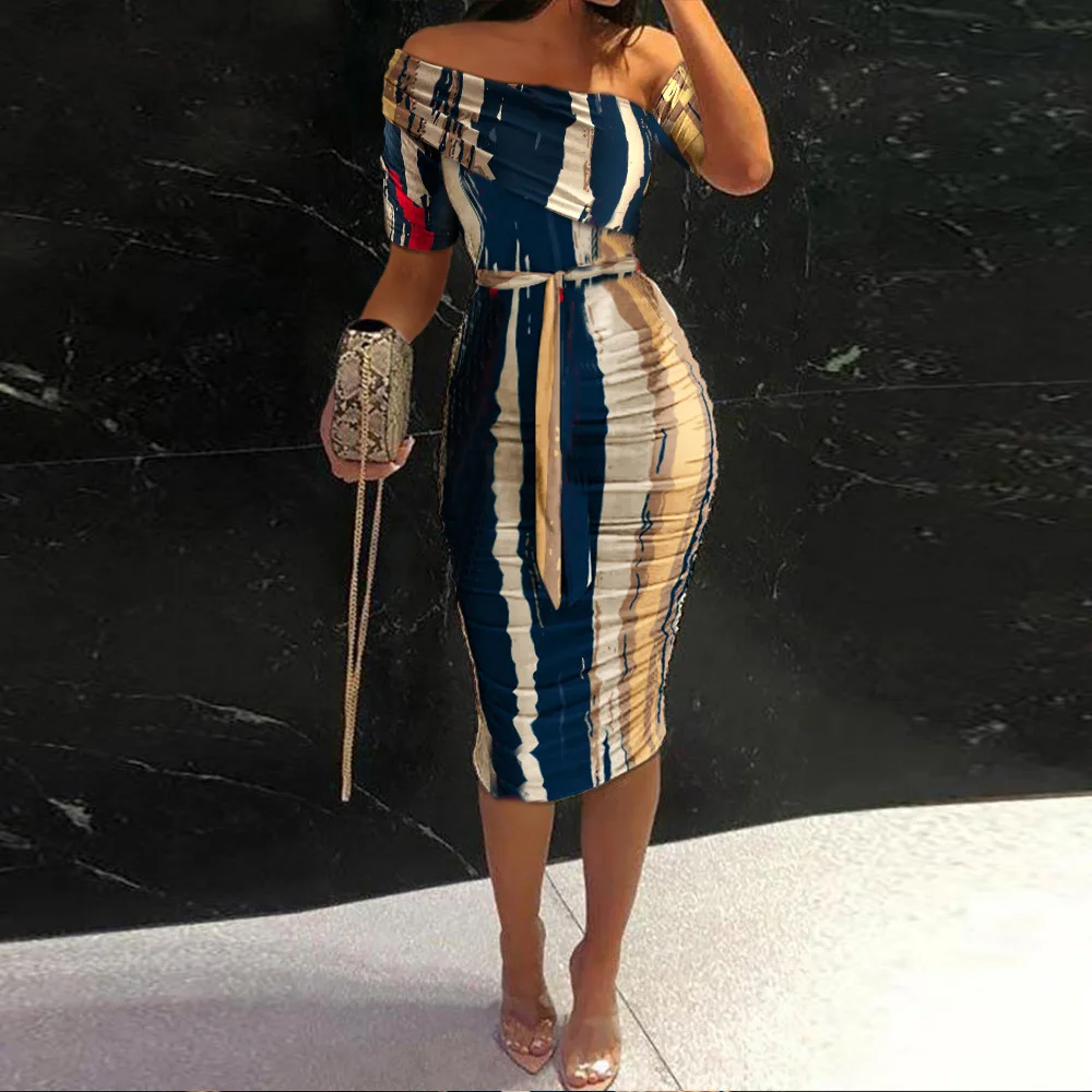 

Spring Women Fashion Slim-fit Dress New Design Printed Wrap Hip Skirt Skew Collar Short-sleeved Skirt Elegant Knee-length Skirt
