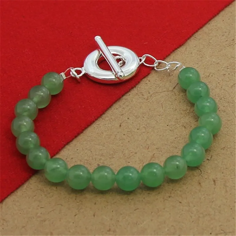 

High Quality 925 Sterling Silver Bracelet Artificial Emerald Beads Bracelet 8MM Woman Party Charm Jewelry Gift