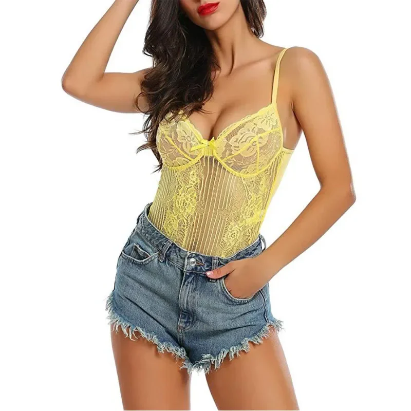 

Fashion Women's Sexy Suspender Lace Jumpsuit with Hollowed Out Pattern Bodysuit European and American Fun Lingerie