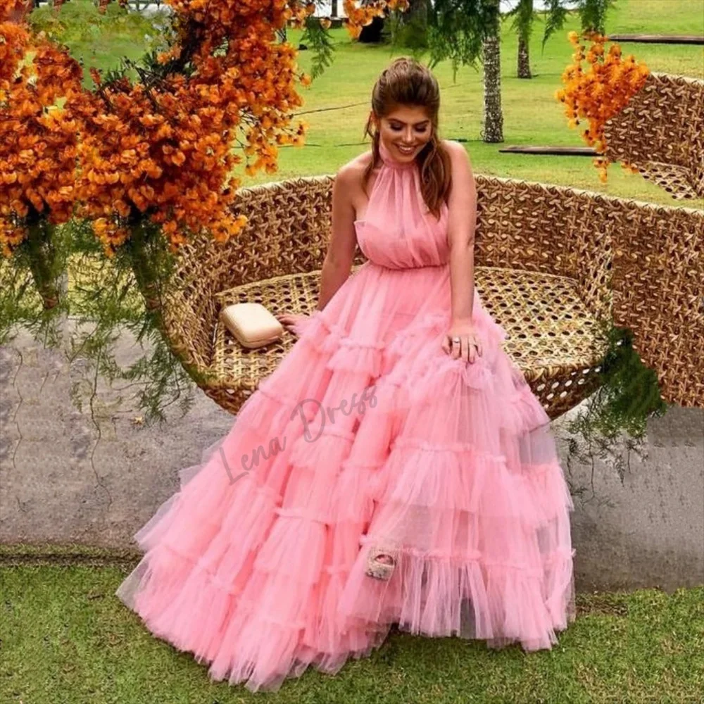 

Lena-Pink Hanging Neck Tulle Ball Dress Multi layered Vestido De Festa