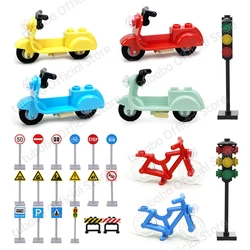 Small Building Block Moc Accessory City Vehicle Motorcycle Bike Traffic Signs Light Mini Puzzle Bricks Kids Diy Baby Gifts Toys