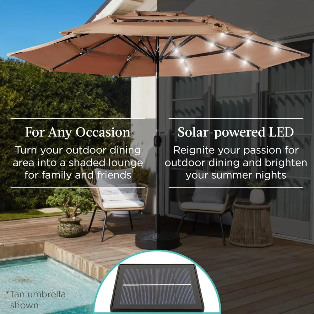 10ft 3-Tier Solar Patio Umbrella, Outdoor Market Sun Shade for Backyard, Deck, Poolside w/ 24 LED Lights, Tilt Adjustment 3