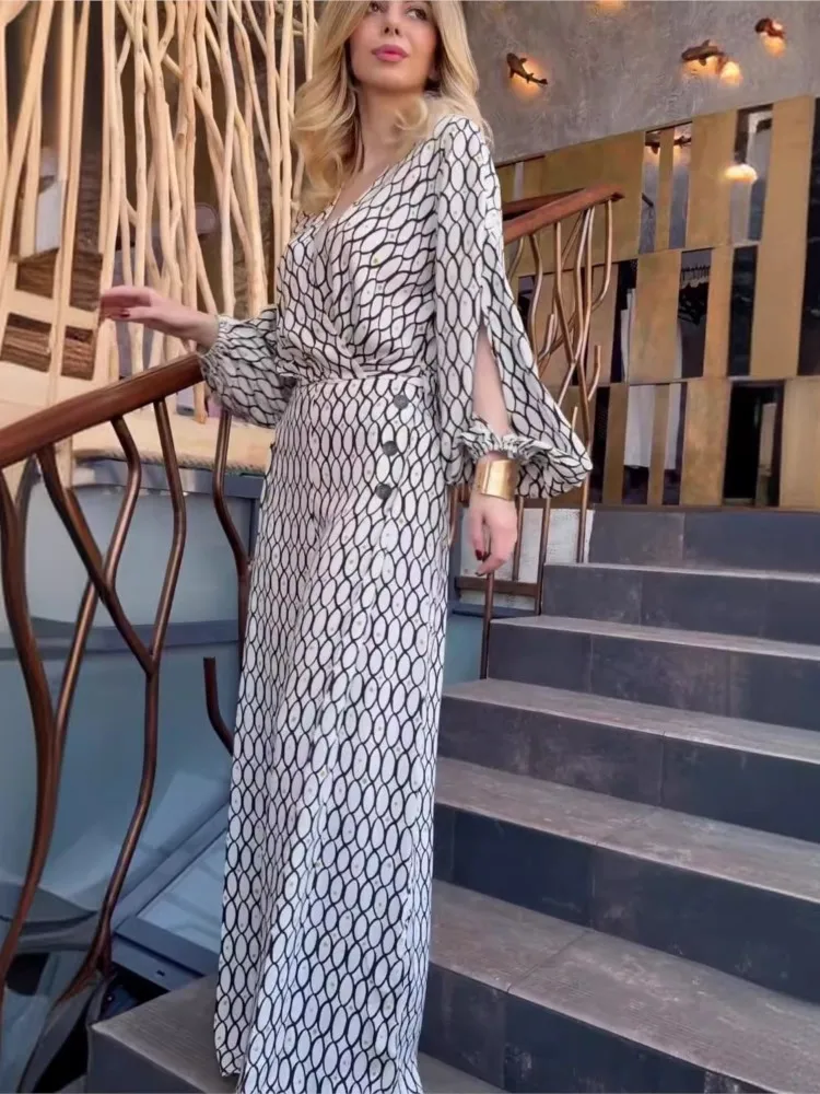 Fashion Print Pants Sets Women V-neck Long Sleeve Cropped Top High Waist Wide Leg Trousers Two Piece Set Female Trend Streetwear