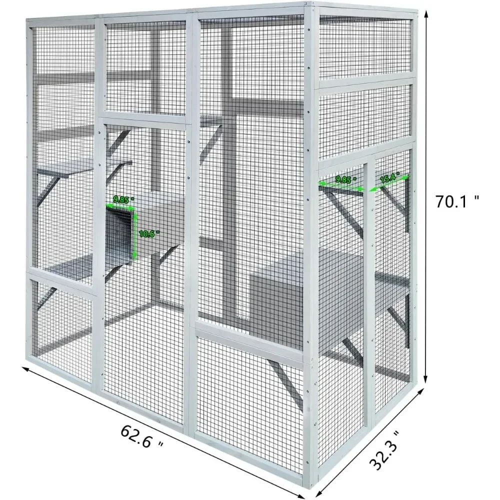 72 Inch Wooden Catio Outdoor Cat Enclosure w/ 2 Napping Houses, Luxury Kitty-House with 7 Jumping Platforms
