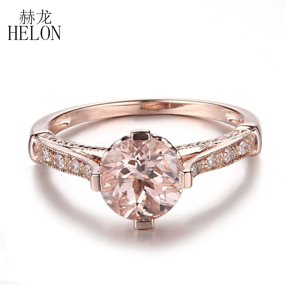 

HELON Round 1.5ct Natural Morganite Gemstone Ring Solid 10K Rose Gold Diamonds Engagement Wedding Ring Women Birthday Best Gift