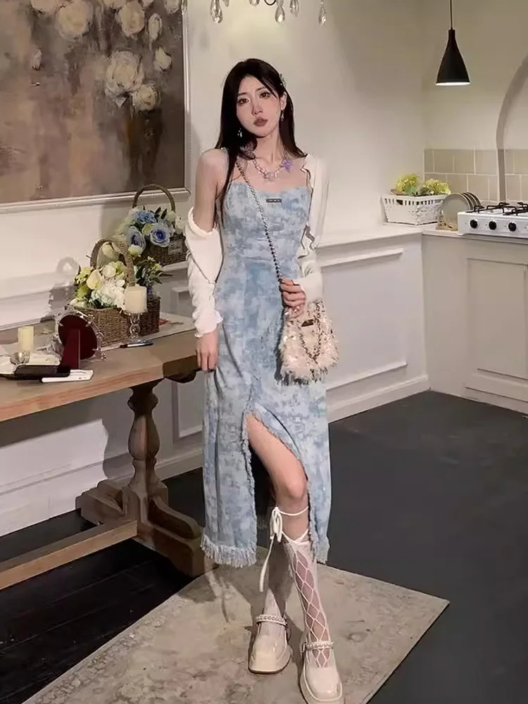 

Tea break French style pure desire style floral denim camisole dress for women summer sexy split long skirt two-piece set