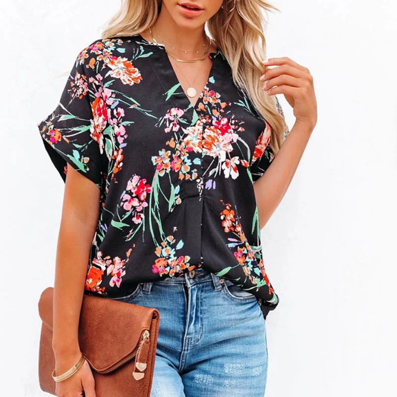 

2024 Summer Loose Blouse Floral Print Short Sleeve Top V-neck Loose Casual Shirt Women's Blusas Elegant Blouse Clothes 27096