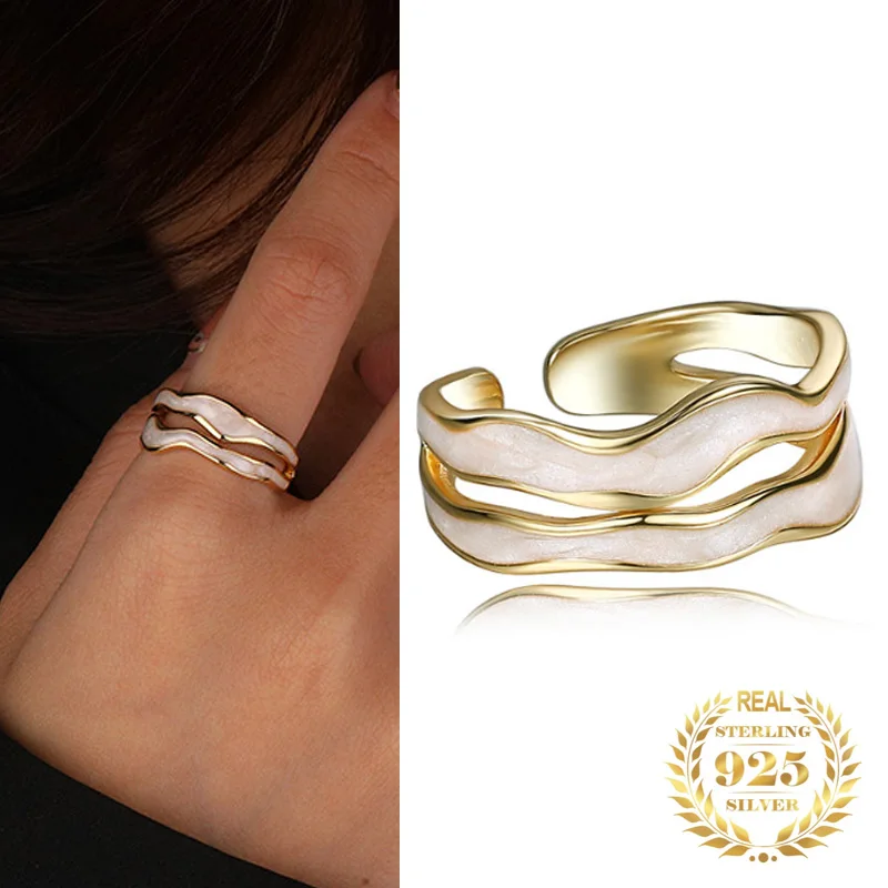 

2023 Bohemia Vintage Sterling 925 Silver Adjustable Hollow Geometric Wave Enamel Finger Ring for Women Summer Jewelry