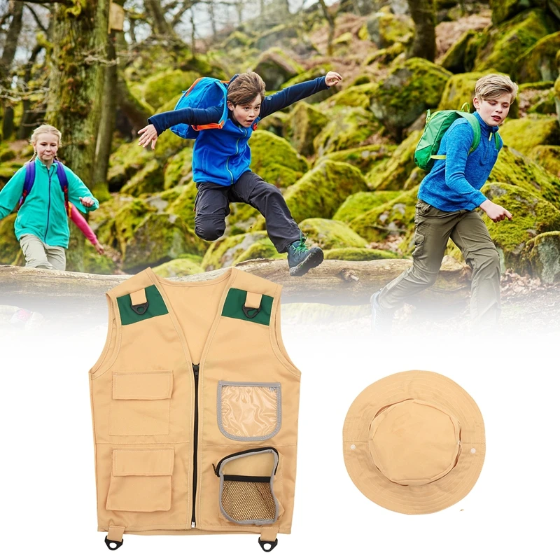 Outdoor Adventure Kit,Young Kid's Khaki Cargo Vest And Hat Comfortable And Durable Explorer Costume Role Play Toy