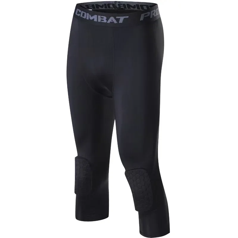 Sporty High Elastic Fitness Men's Tight Pants Running Basketball Seven-Quarter Length Compression Trousers with Knee Pads