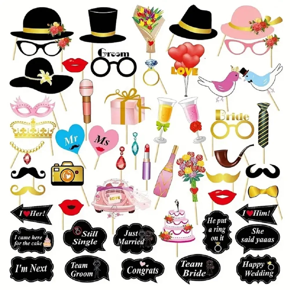 53pcs Wedding Photo Booth Props Bridal Shower Signs for Wedding Party Supplies Wedding Bachelorette Party Backdrop and Selfie