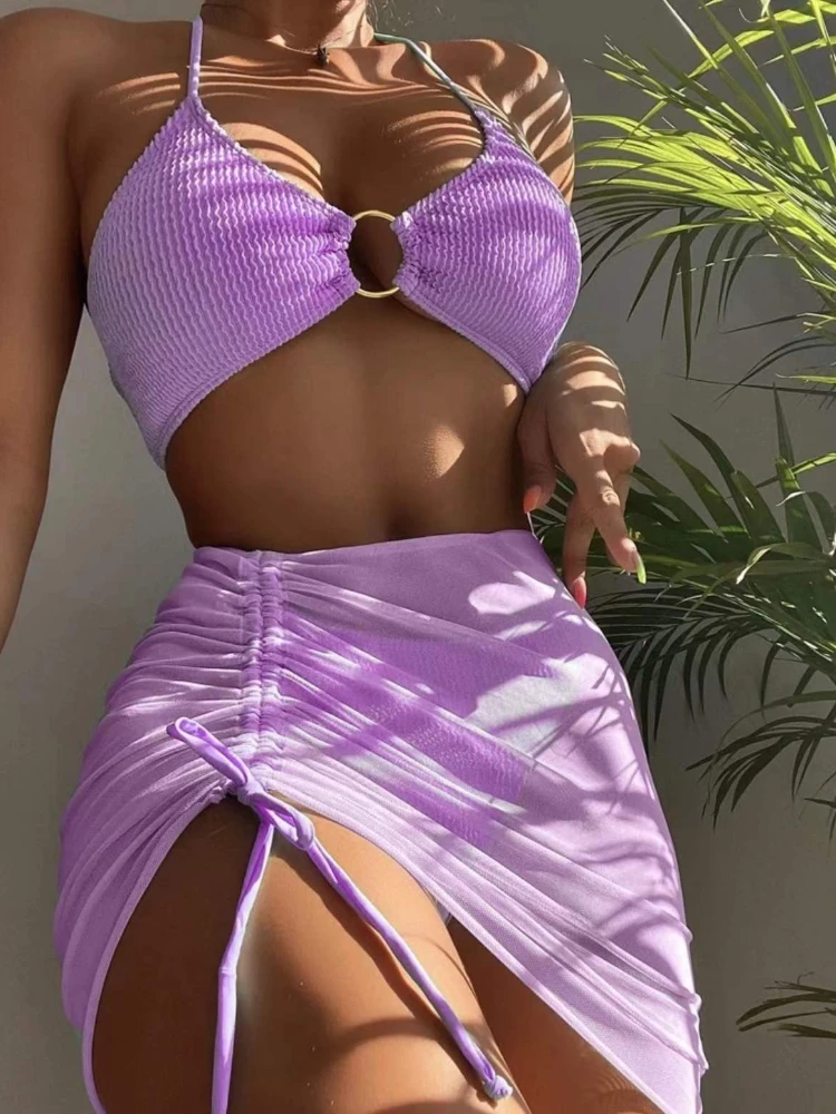 

Sexy Purple 3 Piece Bikini With Drawstring Skirt Mesh Swimsuit Women High Waisted Swimwear 2022 Textured Ring Bathing Suit Black