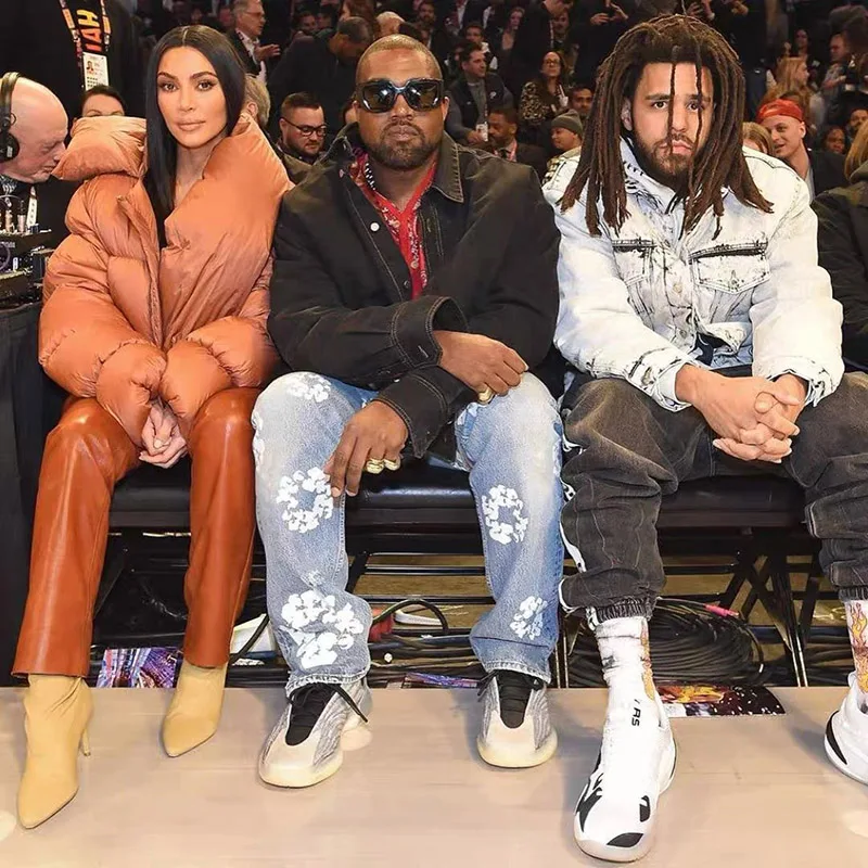 Джинсовые брюки Kanye в стиле Харадзюку уличная одежда оверсайз с цветными блоками