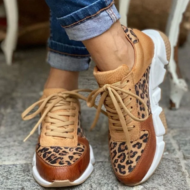 

Women Shoes Platform Thick-soled Round Toe Low-top Leopard Print Woman's Singles Cross-large Stitching Lace-up Sneakers