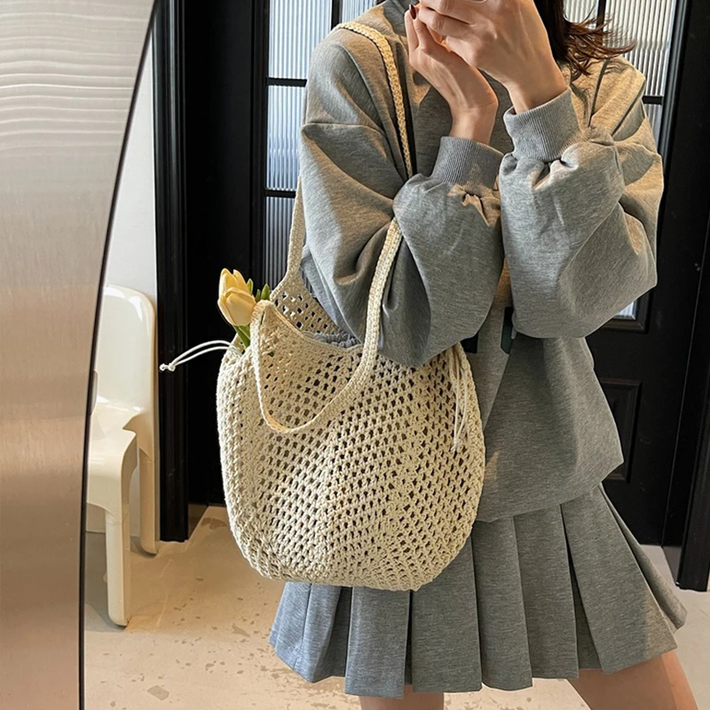 2025 Latest Summer Beach Straw Woven Tote Bag For Women 2-IN-1 Hollow-out Lightweight Large Capacity Shopper Shoulder Bag Female