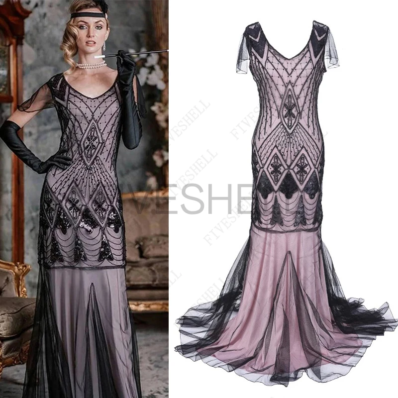 

Women 1920s Gatsby Dress 20s Vintage V Neck Sequins Beads Maxi Cocktail Party Flapper Dress Mesh Prom Gown Long Elegant Dresses
