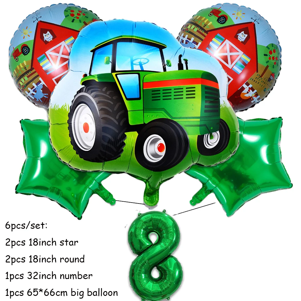 Green Farm Tractor Birthday Party Tableware Set with Banner, Balloons, Cups, Plates, and Napkins