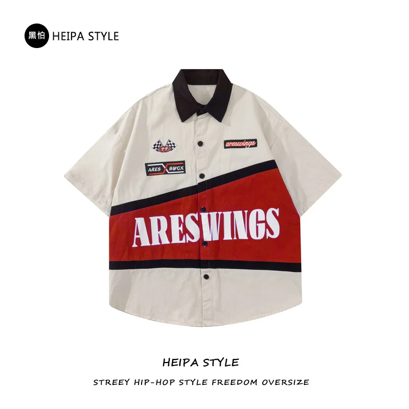 Cotton Shirt American retro embroidery heavy locomotive short sleeved shirt men's summer fashion