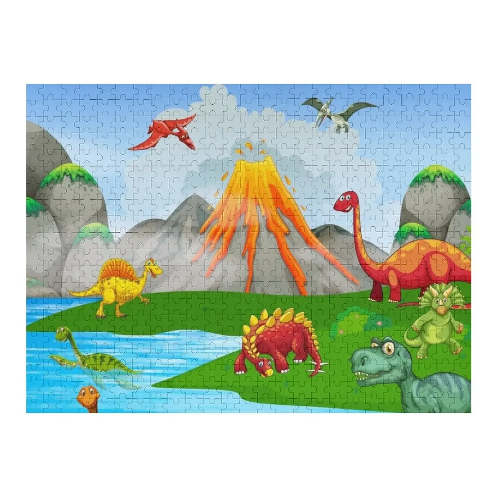 

prehistoric landscape, cute cartoon dinosaurs volcano mountains Jigsaw Puzzle Customized Toys For Kids For Children Anime Puzzle