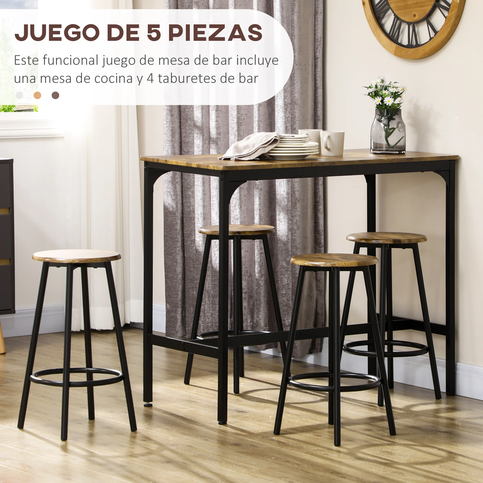 HOMCOM 5-delige Bartafelset met 4 Stoelen, Industrieel Design, voor Keuken, Eetkamer, Hout, Staal, Bruin