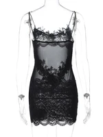 Femme vêtements Spaghetti sangle maille dentelle Patchwork fête Club robe femme Sexy transparent sans manches robes de soirée courtes 6