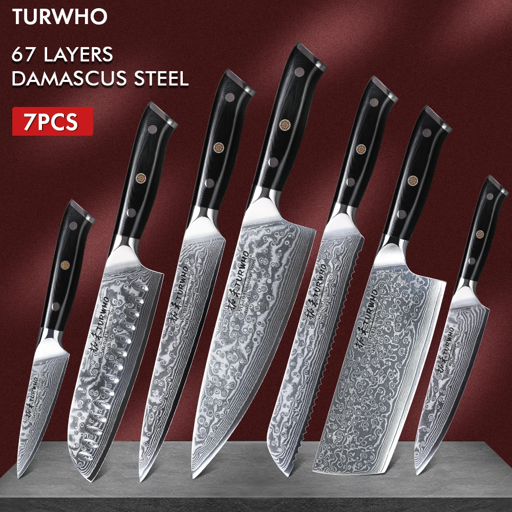 

TURWHO 7 Piece Kitchen Knife Set 67 Layers Damascus Steel Japanese Santoku Cleaver Slicing Utility Chef Knife Cooking Tools