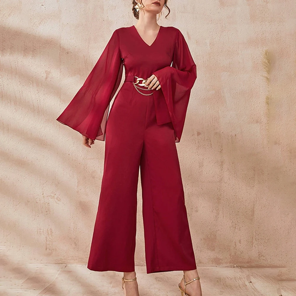 2023 Spring New Women's Fashion Solid Color Trumpet Sleeve Jumpsuit Office Commuting OL Loose High Waist Jumpsuit Female