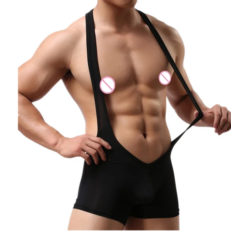 Mens Undershirts Sexy Underwear Homme Bodysuit See Through Jumpsuit Wrestling Singlet One-Piece Leotard Penis Pouch Boxer Shorts