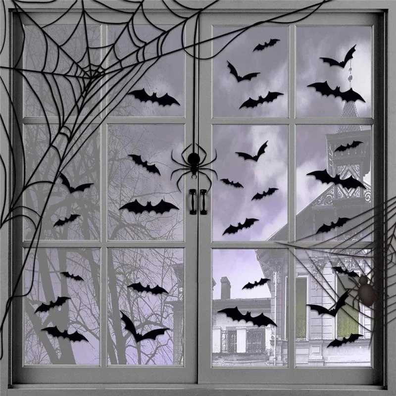 12/24pcs 3D Black PVC Bat Bar Wall Sticker Halloween Party Scary Props Wall Sticker Halloween Party DIY Decor Room Decoration