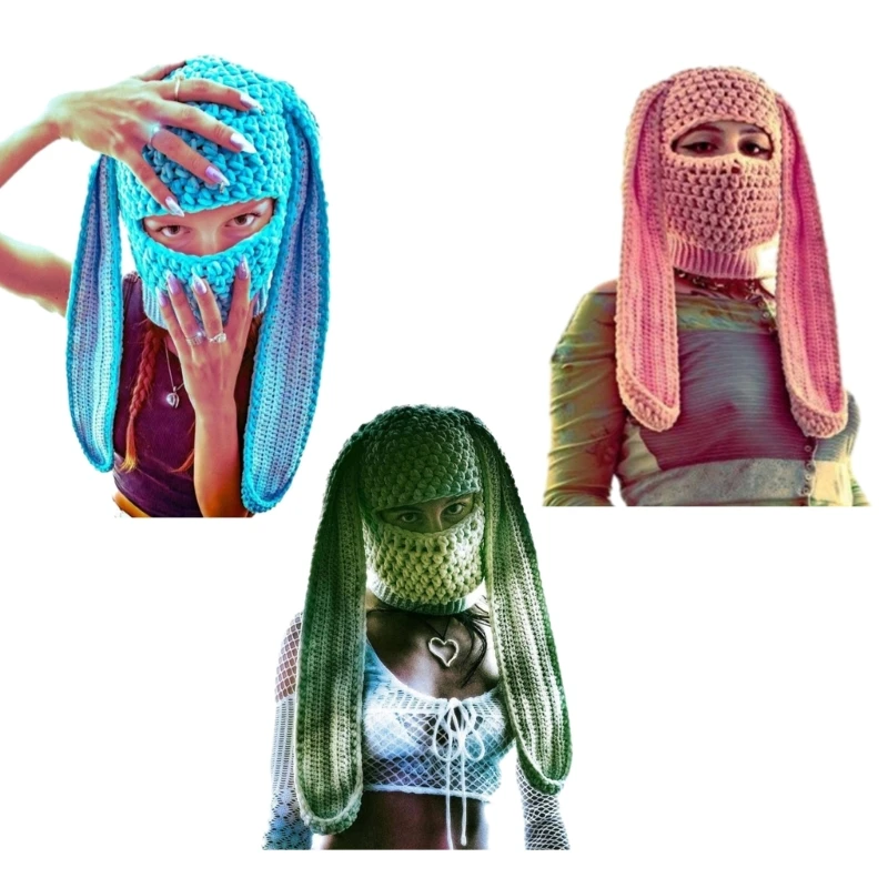 

Rabbit Ears Winter Hat for Women Handwoven Balaclava Cap Novelty Party Hat for Girl Boys Knit Mask Hat Adult Accessories