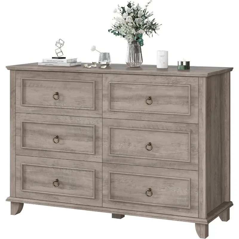 

HOSTACK 6 Drawer Double Dresser, Modern Farmhouse Chest of Drawers, Wide Dressers Organizer, Accent Wood Storage Cabinet