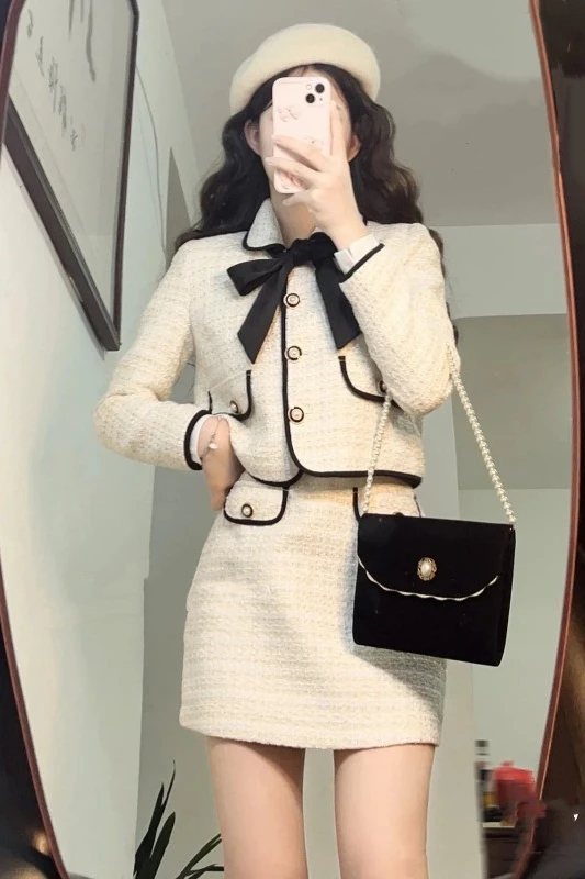 Autumn New Outfits Fashion 2 Piece Sets Women Cropped Jackets High Waist Button Mini Skirt Suit Korean Elegant Set Y2k Clothes