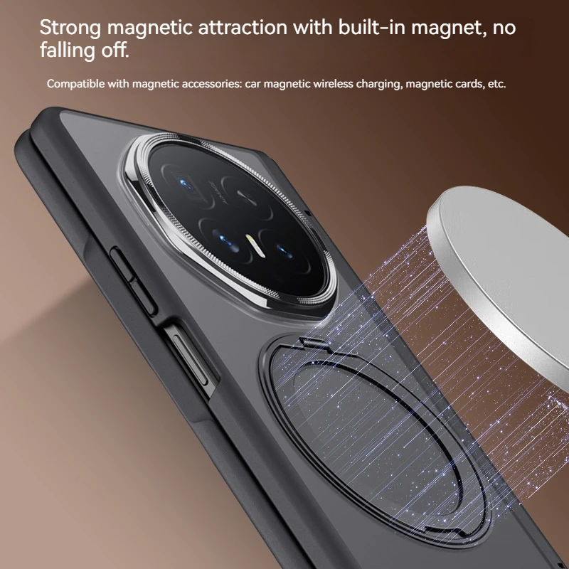 Frosted Transparent Magnetic Phone Case with Metal Rotating Bracket and Tempered Glass Protection