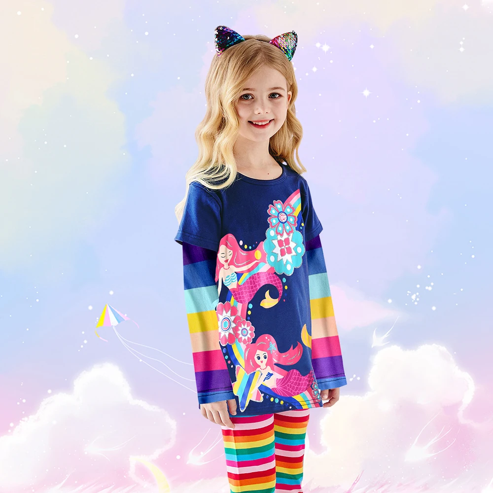 DXTON Girls Long Sleeve T-shirts Mermaid Print Children Clothing Kids Casual Tops Cartoon T-shirt Girl Cotton Outwear 3-12 Years 5