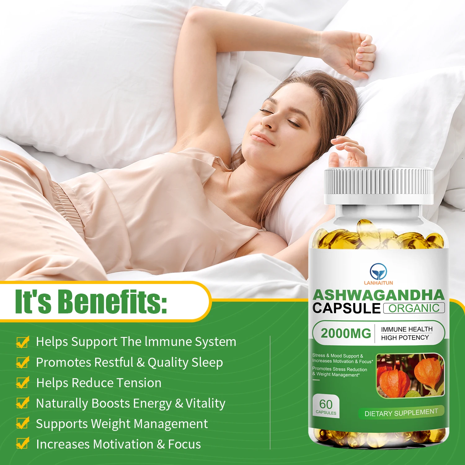 

LANHAITUN Ashwagandha Extract Capsules with Black Pepper Dietary Supportment, Decompression, Improving Sleep, Enhancing Immunity