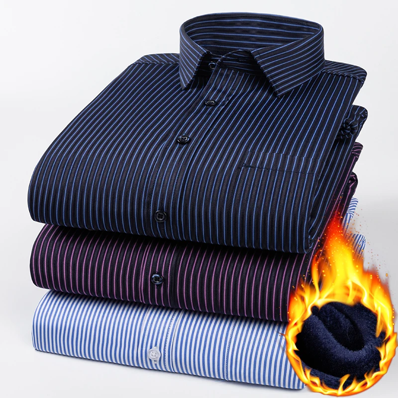 

Autumn and Winter Explosive Style Warm Shirt Men's Velvet Thickened Business Casual Striped Shirt High-Quality Trend Formal Wear