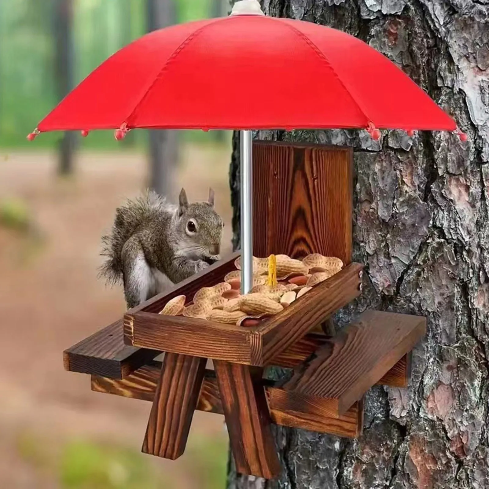 Squirrel Feeder In Stock Outdoor animal Wooden Squirrel Feeder Pet Dining Table With Bench an umbrella Bracket Feeding Table