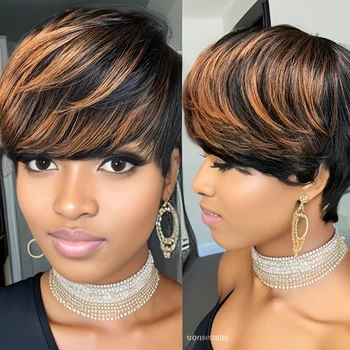 Short Human Hair Wigs for Women Pixie Cut Wig 1/30 Highlight with Bangs Machine Made 3