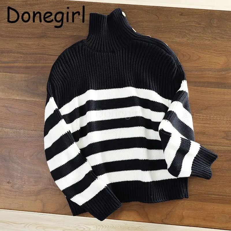 

Donegirl Women 2023 Autumn Winter New Turtleneck Striped Loose Knitted Sweater Simple Casual Pullovers Female Tops Jumper Chic